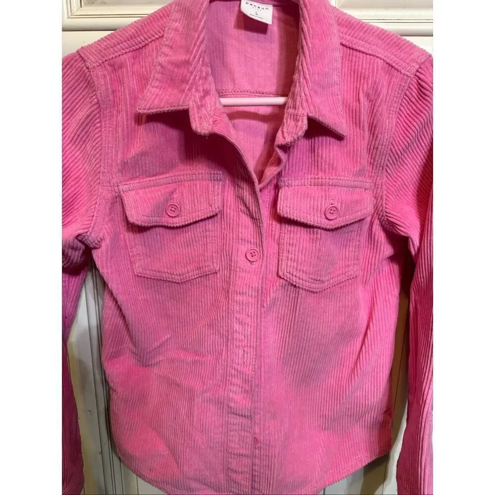 PacSun Kids Corduroy Collared Button Front Long Sleeve Shacket Pink Size Large